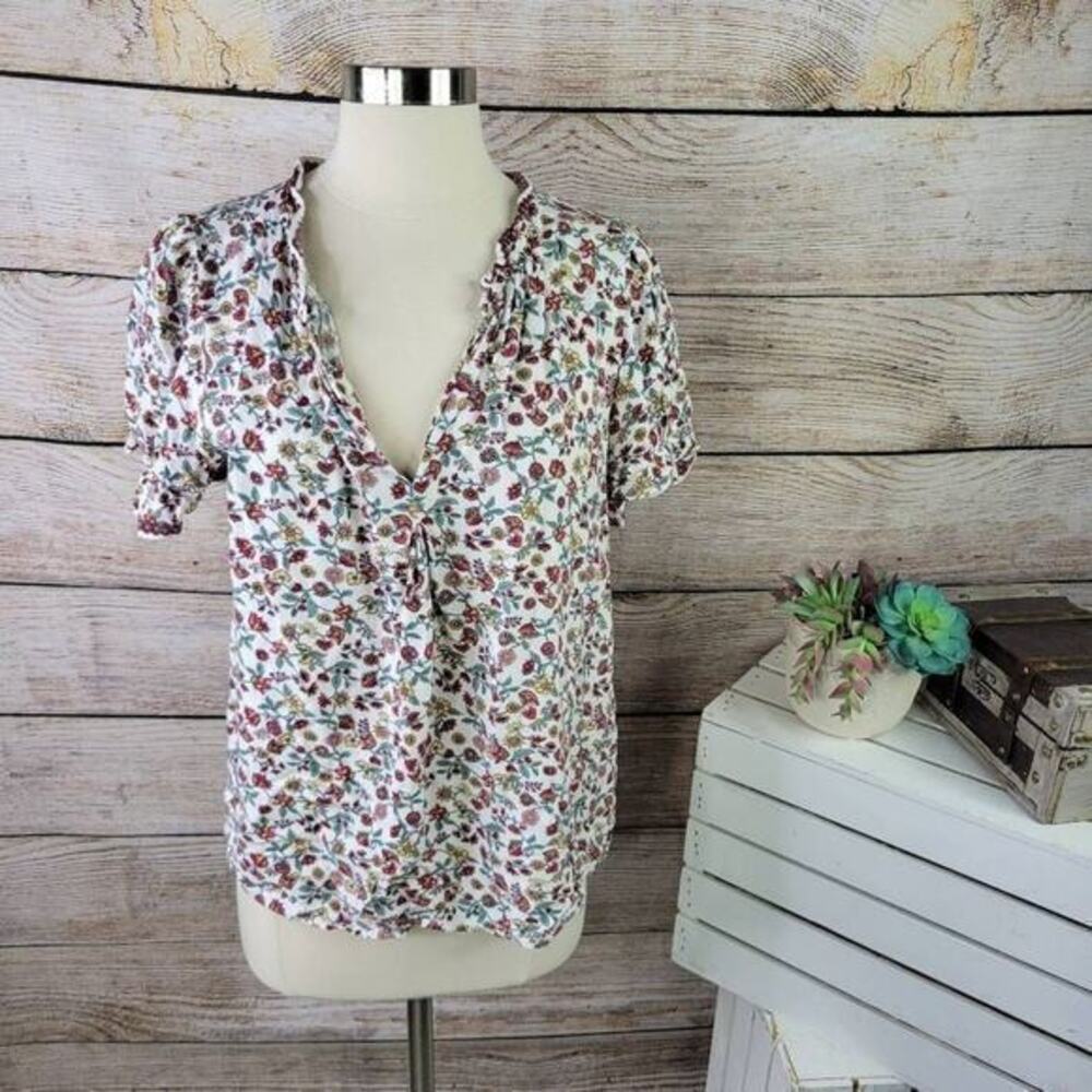 Max Studio‎ Ruffle Detail V Neck Floral Short Sleeve Top Size Extra Large